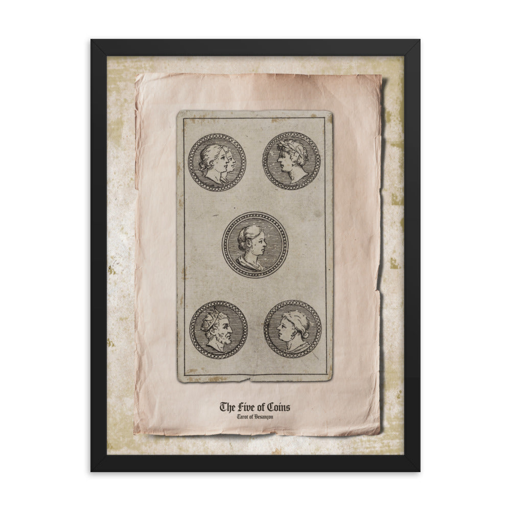 Le Cinq de Demiers / The Five of Coins, Tarot de Besançon.